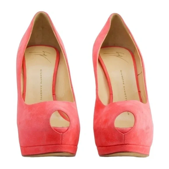 Giuseppe Zanotti Coral Pink Suede Sharon Peep Toe Platform Pumps Size 38.5 - Picture 3 of 5